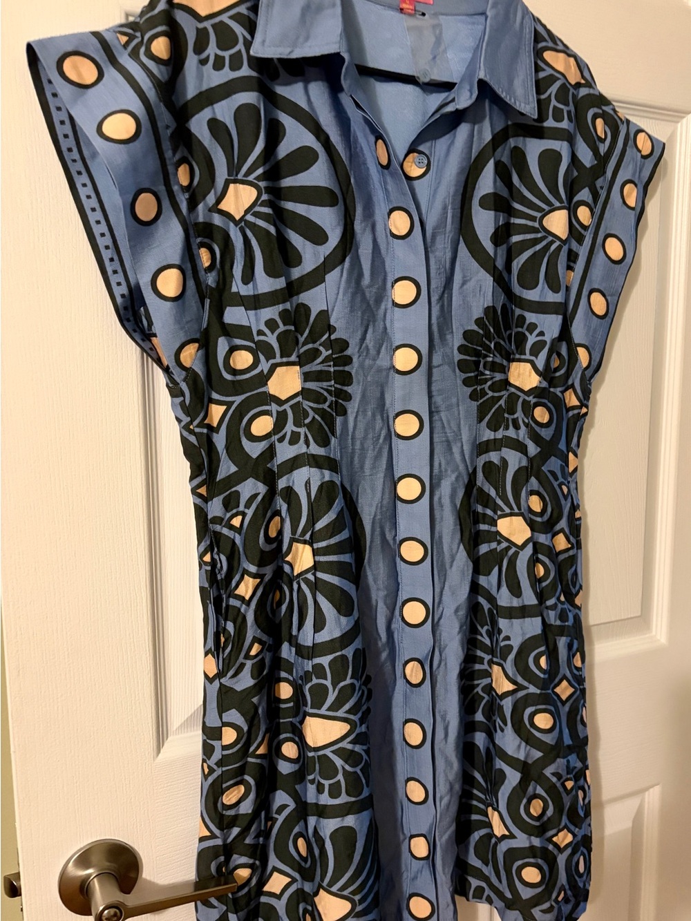THML Blue Abstract Geometric Print Button Front Collared Tapered Dress NWOT-M - Picture 8 of 9